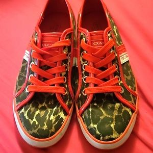 Coach deja leopard print canvas shoes sz 6 red brown